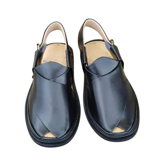 Premium Round Shape Black Peshawari Chappal – Pure Handmade